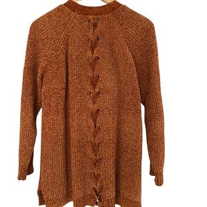 Pink Rose Woman’s Brown Mustard Open Cardigan Sweater Braided Size Large